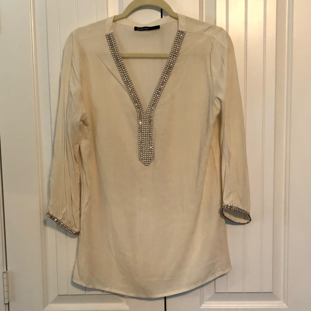 Origami cream blouse with pearl/rhinestone accents